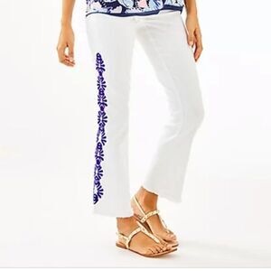 Lilly Pulitzer South Ocean Crop Flare Jeans Sz 6 White Floral Embroidered Resort